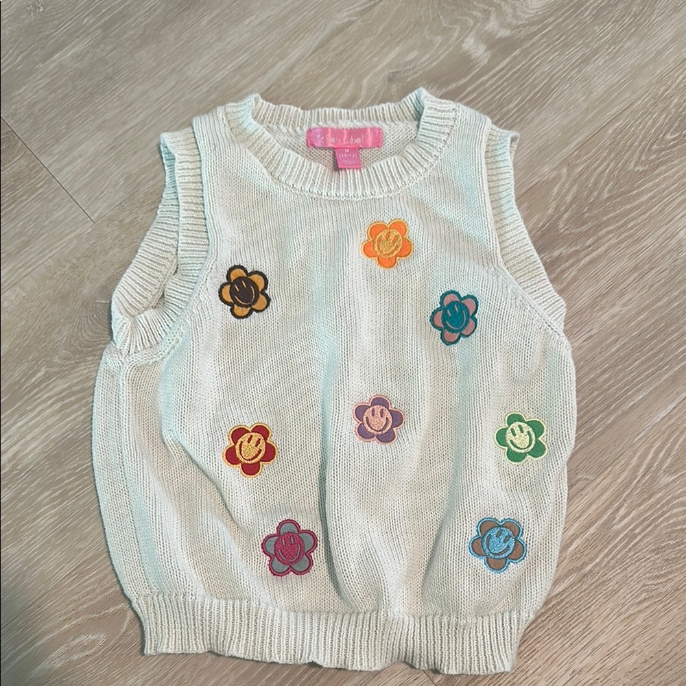 Say What? Cream and Orange Knit Sweater Vest with Floral Accents